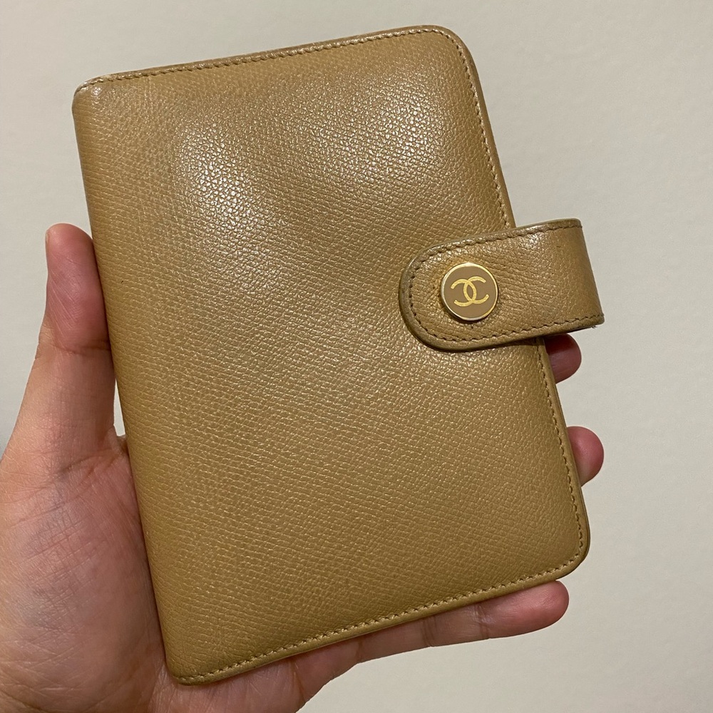 LOW START 🔥 CHANEL Beige Leather Book Wallet with Gold Accent